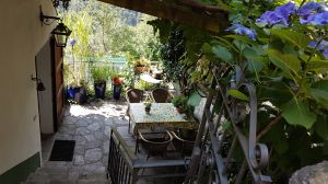 Schattig unter Weinpergola, sonnig nahe am Geländer, Blick von Gasse oben, Eingangstür links